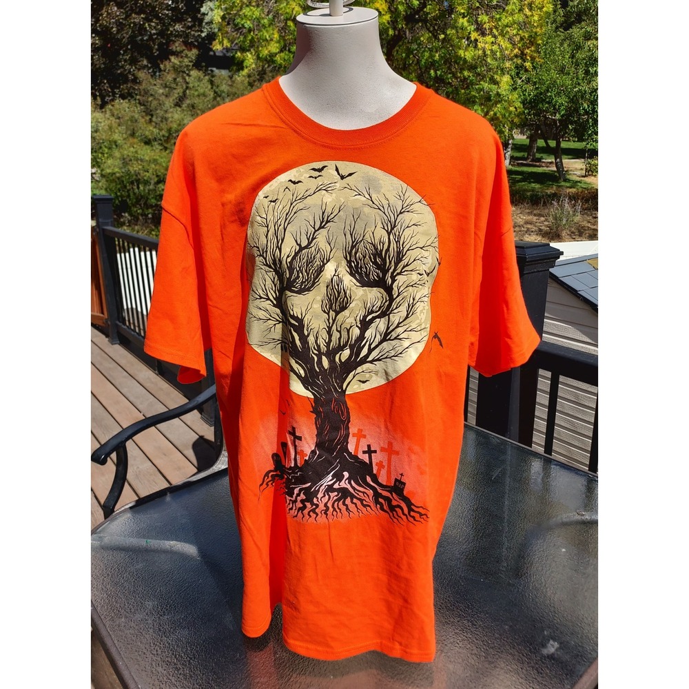 XL Tall Halloween T-Shirt Skull Tree Cemetery Graphic Tee Orange Mens